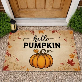 Stylized Pumpkin Hello Text Maple Oak Leaves Autumn Berries - Autumn Farmhouse Decor Doormat