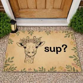 Botanical Leaf Giraffe Head Flowers 'sup?' Wildlife Lover Home Decor Gift for Animal Lover Doormat