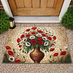 Red White Poppy Floral Arrangement Bronze Vase - Home Decor Gift Doormat