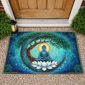 Meditating Buddha Lotus Stained Glass Crescent Moon - Spiritual Home Decor Gift Doormat