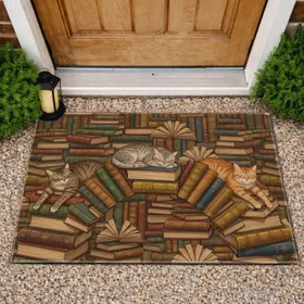 Cats on Antique Bookshelf Arch - Home Decor Gift for Book & Cat Lovers Doormat