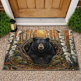 Black Bear Peering Out Birch Trees Autumnal Woodland - Nature Lover Home Decor Gift Doormat