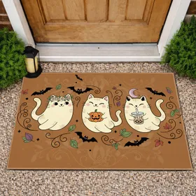 Ghost Cats Floral Crown Pumpkin Boba Tea Black Bats Autumn Leaves - Home Decor Gift Doormat