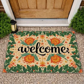 Welcome Script Folk Flowers - Bohemian Rustic Home Decor Doormat