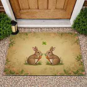 Brown Rabbits Carrot Clover Botanical Garland - Rustic Home Decor Gift Doormat