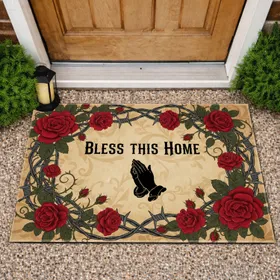 Bless This Home Praying Hands, Roses, Thorny Barbed Wire Border - Home Blessing Gift Doormat