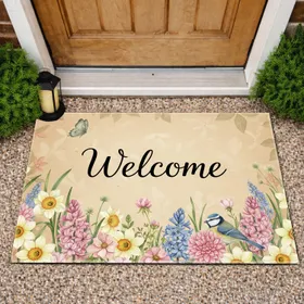 Welcome Script Spring Garden Flowers Butterfly Blue Tit Bird - Home Decor Gift Doormat