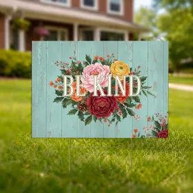 Be Kind Peony Ranunculus Floral Holly Berry Pinecone Rustic Home Decor Gift Yard Sign