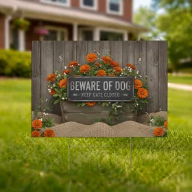 Beware of Dog Keep Gate Closed Sign Rustic Wood Floral - Outdoor Safety Decor Pet Lover Gift Yard Sign