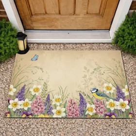Spring Summer Garden Flowers Blue Tit Butterfly - Home Decor Gift for Nature Lovers Doormat