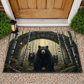 Black Bears Stone Archway Birch Forest - Wildlife Lover Home Decor Gift Doormat