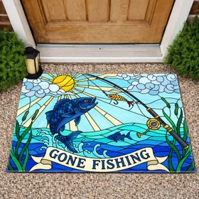 Blue Fish Leaping Fishing Lure 'GONE FISHING' Banner - Fishing Lover Gift for Fishermen Doormat