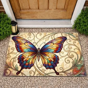 Stained Glass Butterfly Broad Wings Mosaic Botanical Filigree Art Nouveau Home Decor Gift Doormat