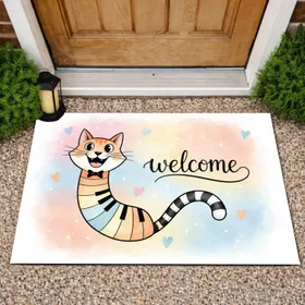 Friendly Smiling Cartoon Cat Welcome Message Hearts - Home Decor Gift Doormat