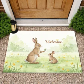 Adult Hare Baby Rabbit Welcome Greeting Meadow Wildflower Scene - Housewarming Gift Doormat