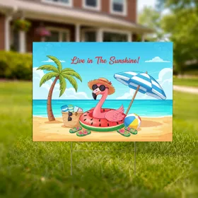 Flamingo Watermelon Ring Tropical Beach Palm Tree Umbrella 'Live in The Sunshine!' Decor Yard Sign