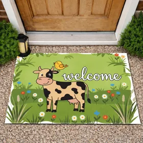 Cartoon Cow Yellow Bird Welcome - Farmhouse Home Decor Gift for Cow Lover Doormat