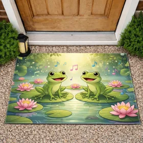 Cartoon Frogs Lily Pads Water Lilies - Home Decor Gift for Frog Lover Doormat