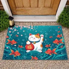 Lucky Cat Goldfish Pink Cherry Blossoms Aquatic - Home Decor Gift for Cat Lover Doormat