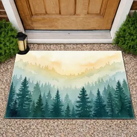 Majestic Pine Forest Hazy Sky with Atmospheric Mist – Outdoor Living Home Decor Gift Doormat