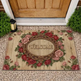 WELCOME Antique Roses Oval Frame Floral Botanical Wood Grain Rustic Home Decor Gift Doormat