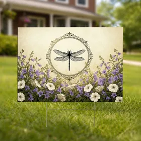 Black Dragonfly Bellflower Scrollwork - Garden Home Decor Gift for Nature Lovers Yard Sign