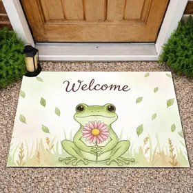 Smiling Frog Pink Daisy Welcome Script - Entryway Greeting Home Decor Doormat