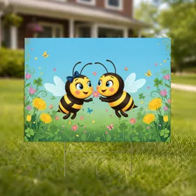Two Cartoon Bees Butterflies Garden Wildflowers - Outdoor Decor Gift for Bee Lovers Yard Sign