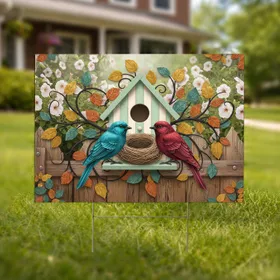 Birdhouse Nest Birds Garden Petunia Flowers Flowing Branches - Home Decor Gift for Bird Lover Yard Sign
