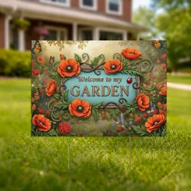Antique Garden Welcome Sign Poppies Ladybug Butterfly Vines - Outdoor Decor Gift Yard Sign