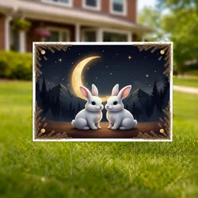 White Bunnies Golden Moon Night Sky Mountains Pine Trees - Home Decor Gift for Rabbit Lovers Yard Sign