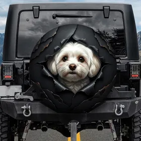 Curious Fluffy Maltese Dog Peeking Torn Metallic Plate - Pet Lover Gift for Car Owners Spare Tire Cover