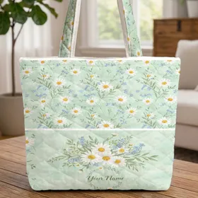 White Daisy Forget-Me-Not Floral Wreath Calligraphy Everyday Carry Gift Quilted Tote Bag