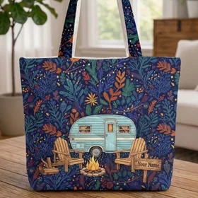 Camper Trailer Adirondack Campfire Night Forest Stars Outdoors Travel Essentials Quilted Tote Bag