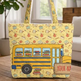 School Bus Books Apples Pencils Back to School Everyday Carry Gift Quilted Tote Bag