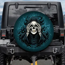 Bone Skull Grim Reaper See No Evil Dark Hooded Robe Ethereal Mist - Gothic Halloween Gift Spare Tire Cover