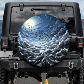 Full Moon Black Birds Stormy Ocean Night - Outdoor Adventure Gift Spare Tire Cover