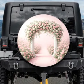 Fluted Columns Wedding Archway Pink Roses Petals Path Lush Foliage - Bridal Shower Gift Spare Tire Cover
