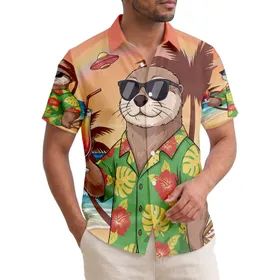 Otter Hawaiian Shirt Cocktail Tropical Beach Scene - Summer Vacation Gift for Otter Lover