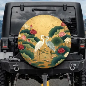 Herons Lotus Pond Golden Asian Tapestry - Wildlife Nature Home Decor Gift Spare Tire Cover