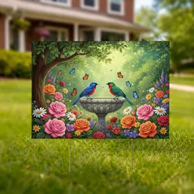 Colorful Birds Birdbath Garden Flowers Butterflies - Outdoor Garden Decor Gift for Bird Lover Yard Sign