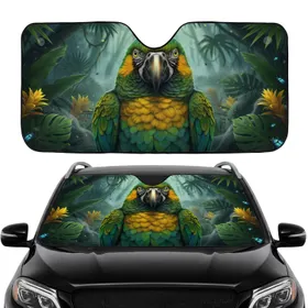 Vibrant Amazon Parrot Tropical Jungle Foliage Orange Eyes - Travel Essentials for Wildlife Lover Car Sunshade