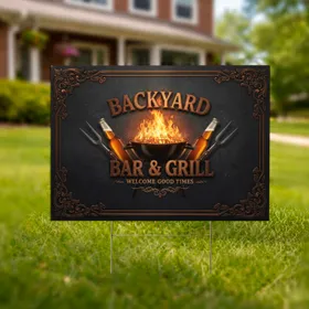 Backyard Bar & Grill Sign, Realistic BBQ Grill, Beer Bottles - Outdoor Entertaining Decor Yard Sign