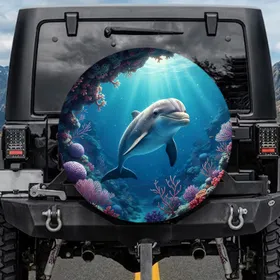 Majestic Bottlenose Dolphin Coral Reef Deep Blue Ocean - Ocean Lover Gift Spare Tire Cover