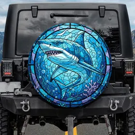 Bold Stained Glass Shark Aquatic Coral Scene - Ocean Travel Gift Spare Tire Cover