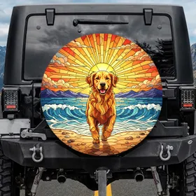 Golden Retriever Beach Shoreline Waves Sunburst - Dog Lover Gift Spare Tire Cover
