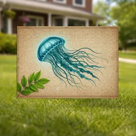 Bioluminescent Teal Jellyfish Aged Parchment Ocean Decor Gift for Ocean Lover Yard Sign