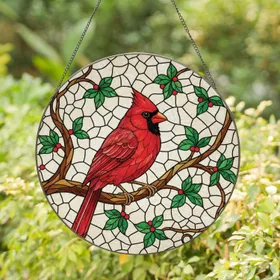 Red Cardinal Branch Red Berries - Wildlife Lover Home Decor Gift Stained Glass Suncatcher