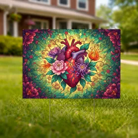 Stained Glass Anatomical Heart Botanical Floral - Garden Decor Gift Yard Sign
