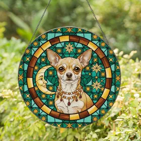 Fawn Chihuahua Dog Red Necklace Smiling Moon Teal Amber - Home Decor Gift for Dog Lover Stained Glass Suncatcher